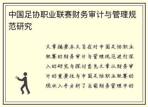 中国足协职业联赛财务审计与管理规范研究 中国足协职业联赛财务审计与管理规范研究